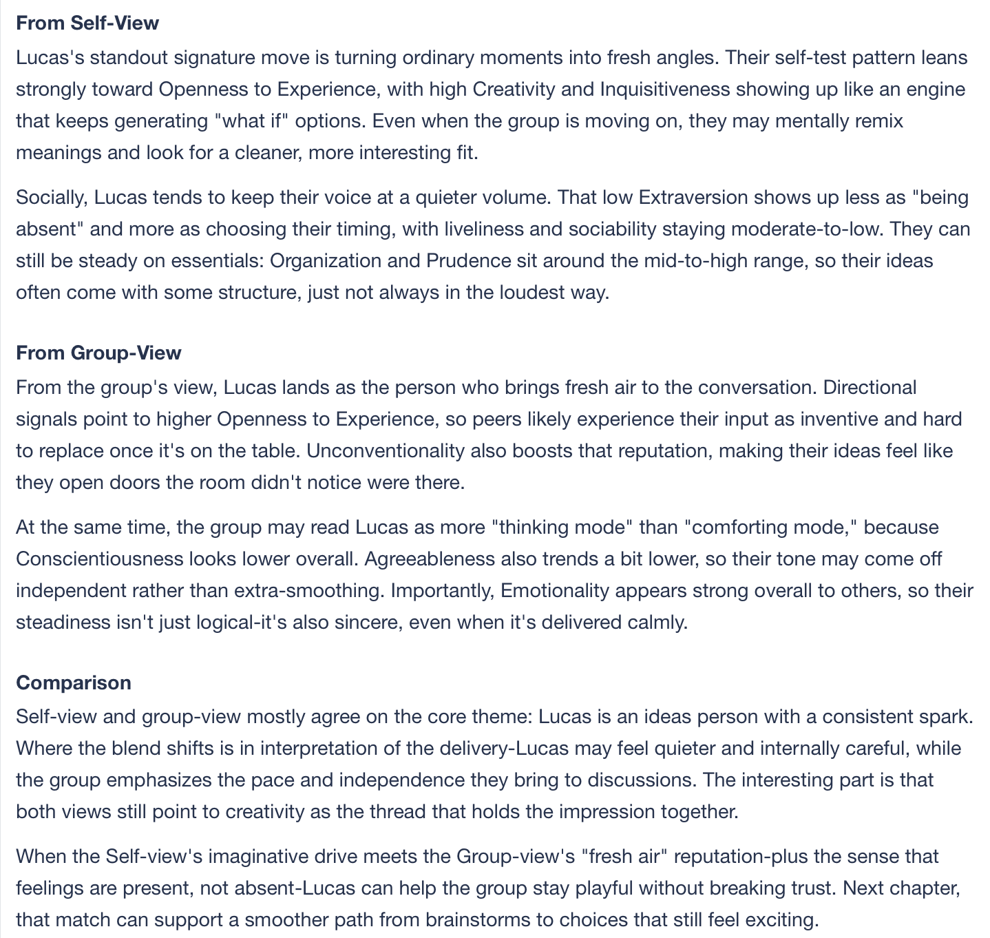 Full reveal written comparison with self-view, group-view, and blended interpretation sections.