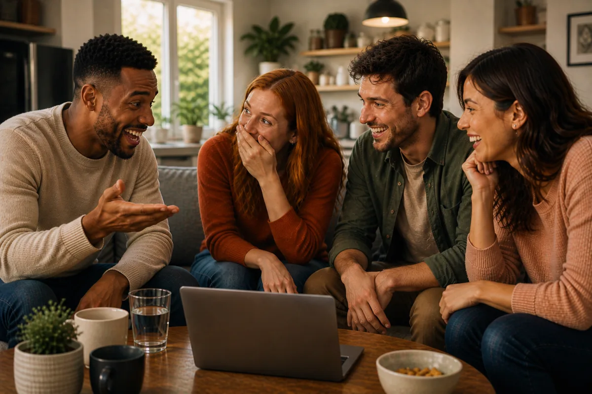 Friends gathered around a laptop during a reveal