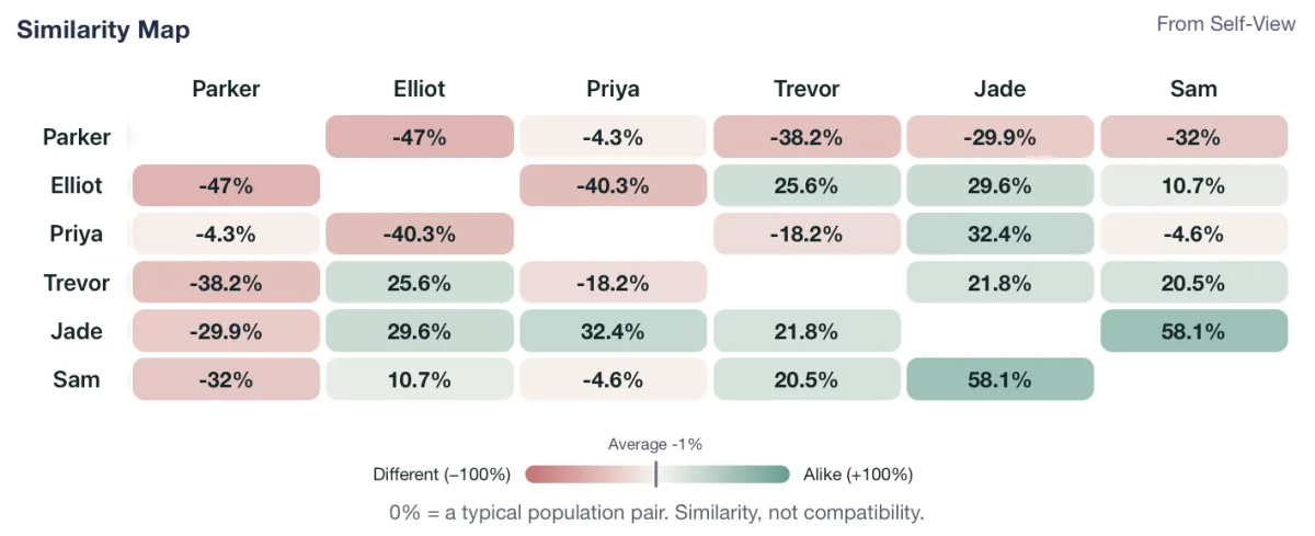 Example similarity map comparing how alike group members are.