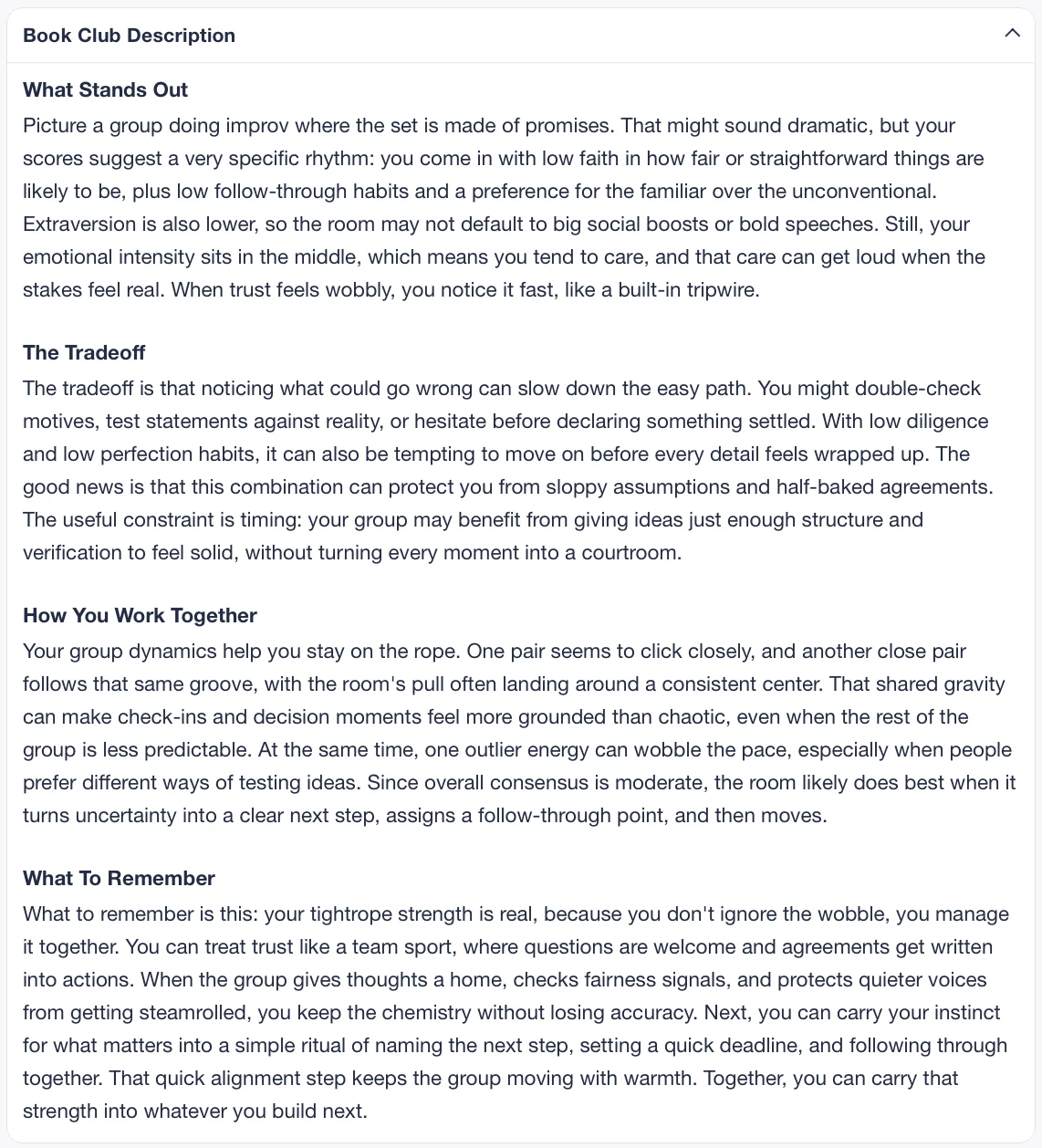 Example personalized group description with strengths, trade-offs, and guidance for working together.