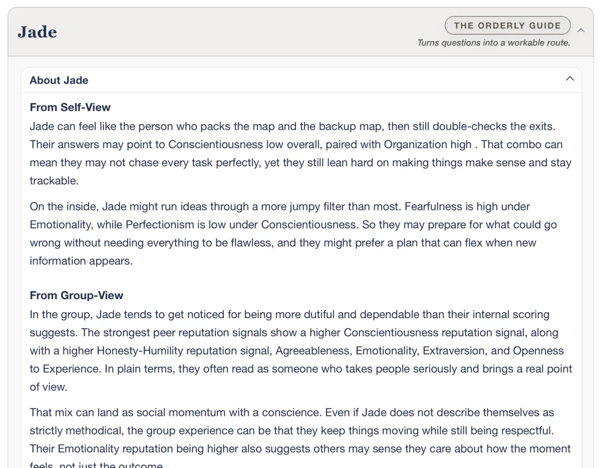 Example personalized write-up comparing how one member sees themselves with how the group sees them.