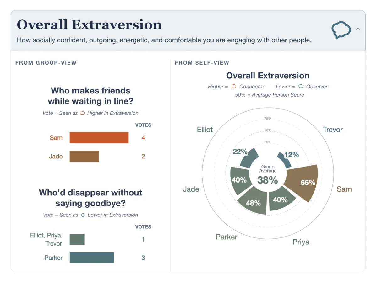 Example Extraversion comparison showing group-view votes beside each member self-view score.